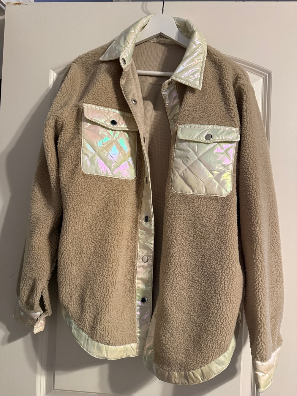 Iridescent Trim Beige Sherpa Jacket - Women